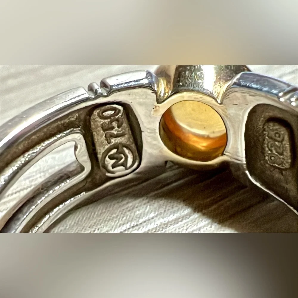 Designer Hallmarked M Sterling Silver & 18K Gold Bezel Set Citrine Ring, Size 6